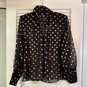 Eloquii Sheer Black Turtleneck Blouse with Rose Gold Metallic Polka Dots Size 18